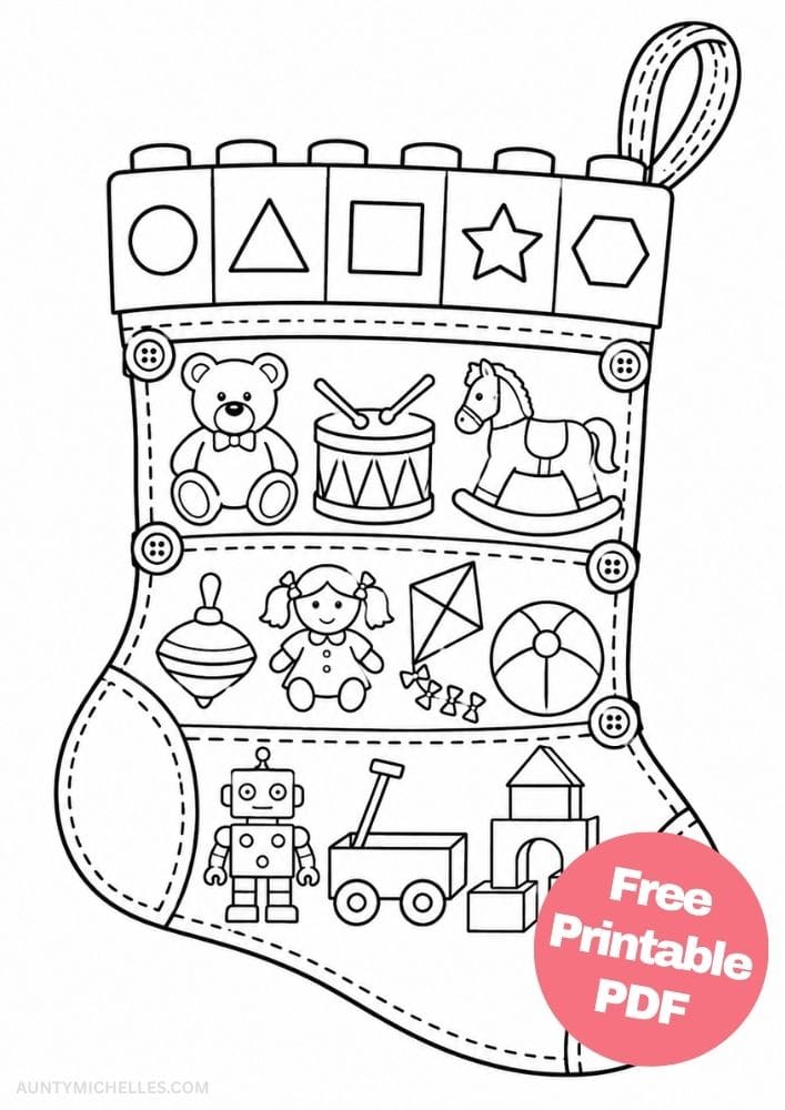 Toy stocking coloring page with a teddy bear, drum, rocking horse, doll, kite, robot, wagon, and blocks.