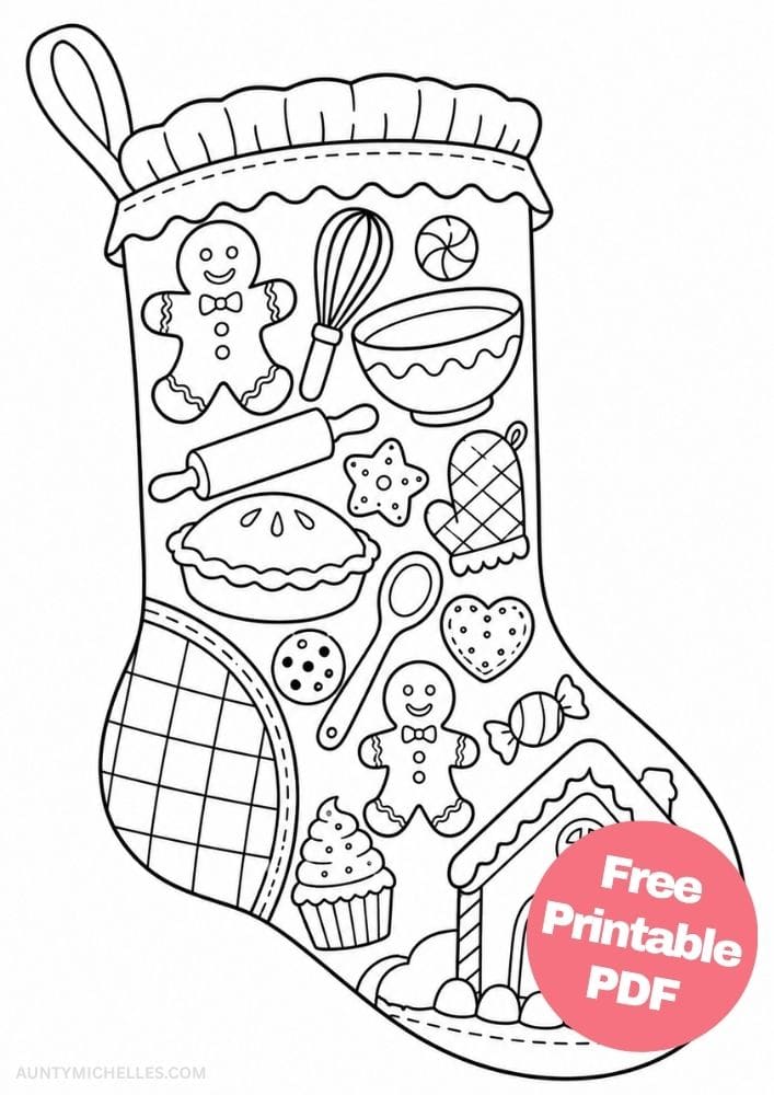 Christmas baking stocking coloring page with gingerbread cookies, mixing bowl, rolling pin, pie, and cupcake.