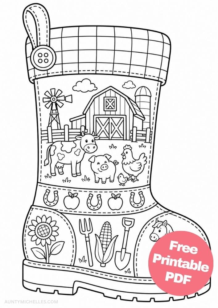 Farm stocking coloring page with a barn, cow, pig, chickens, horse, corn, sunflower, and tools.