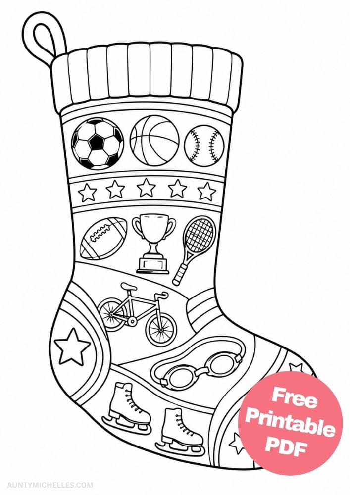 Sports stocking coloring page with balls, bicycle, tennis racket, trophy, goggles, and ice skates.