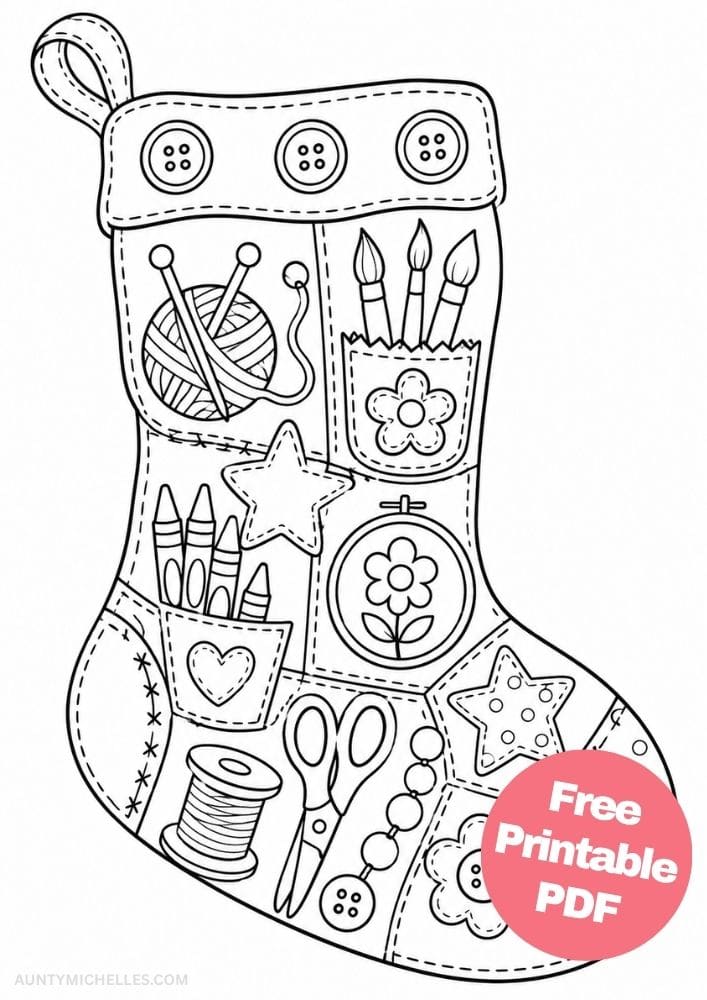 Arts and crafts stocking coloring page with yarn, paintbrushes, crayons, scissors, buttons, and sewing supplies.
