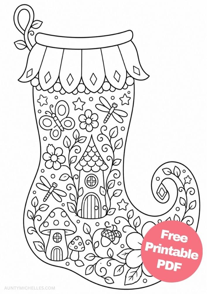 Fairy garden stocking coloring page with tiny houses, mushrooms, flowers, butterflies, dragonflies, and vines.