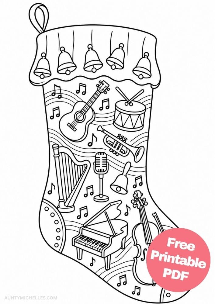 Music stocking coloring page with guitar, piano, trumpet, harp, drum, cello, microphone, bells, and notes.