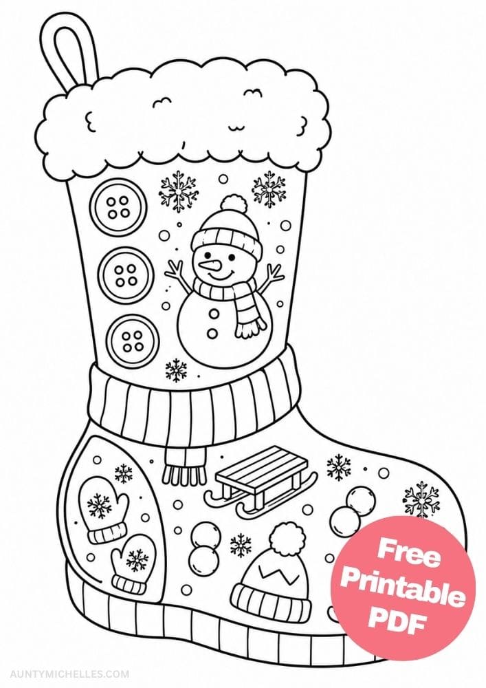Snowman Christmas stocking coloring page with mittens, sled, winter hat, snowballs, skate, and snowflakes.