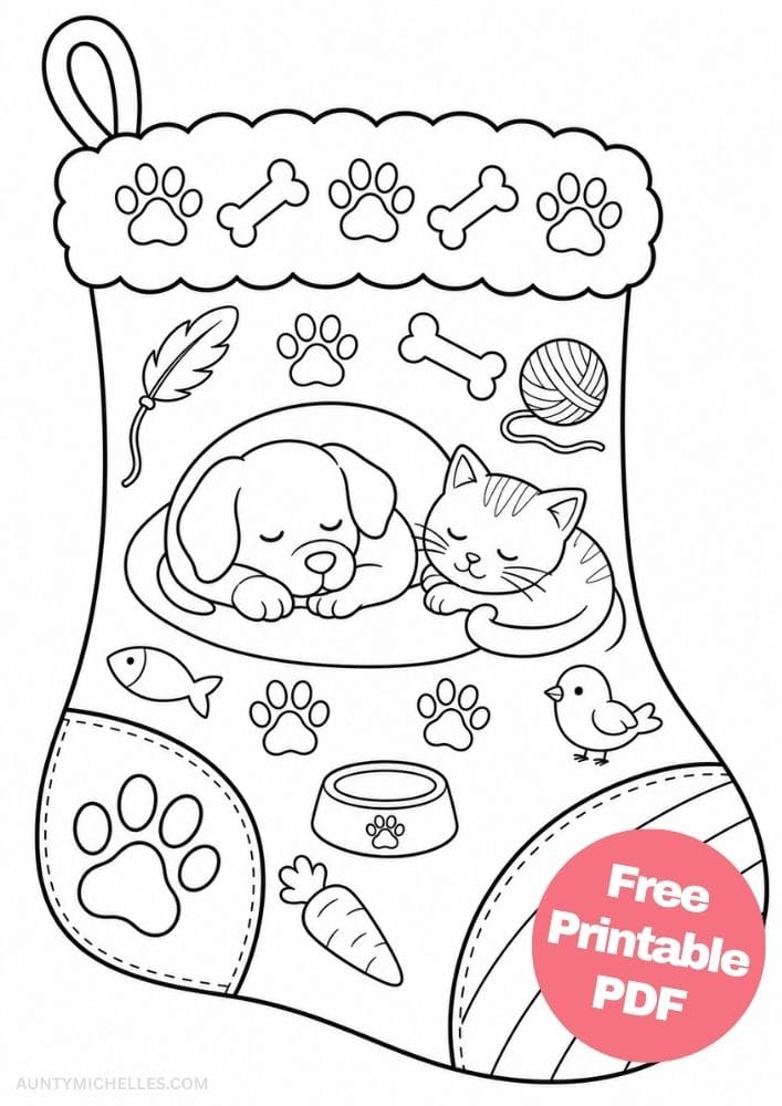 Pet Christmas stocking coloring page with a sleeping puppy and kitten, paw prints, yarn, bird, fish, and toys.