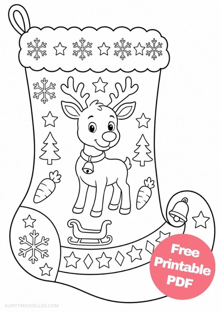 Reindeer Christmas stocking coloring page with snowflakes, stars, pine trees, carrots, bells, and a sleigh.