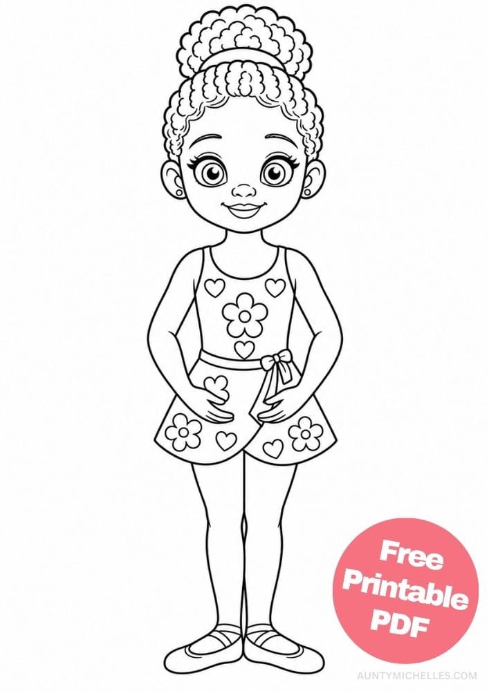 Cute Black beginner ballerina standing in first position with a flower-and-heart ballet outfit