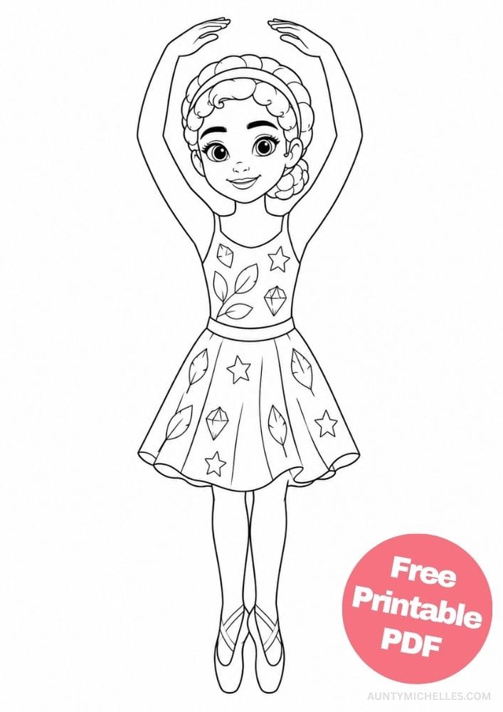 Braided hair ballerina practicing relevé with rounded arms overhead and a patterned skirt