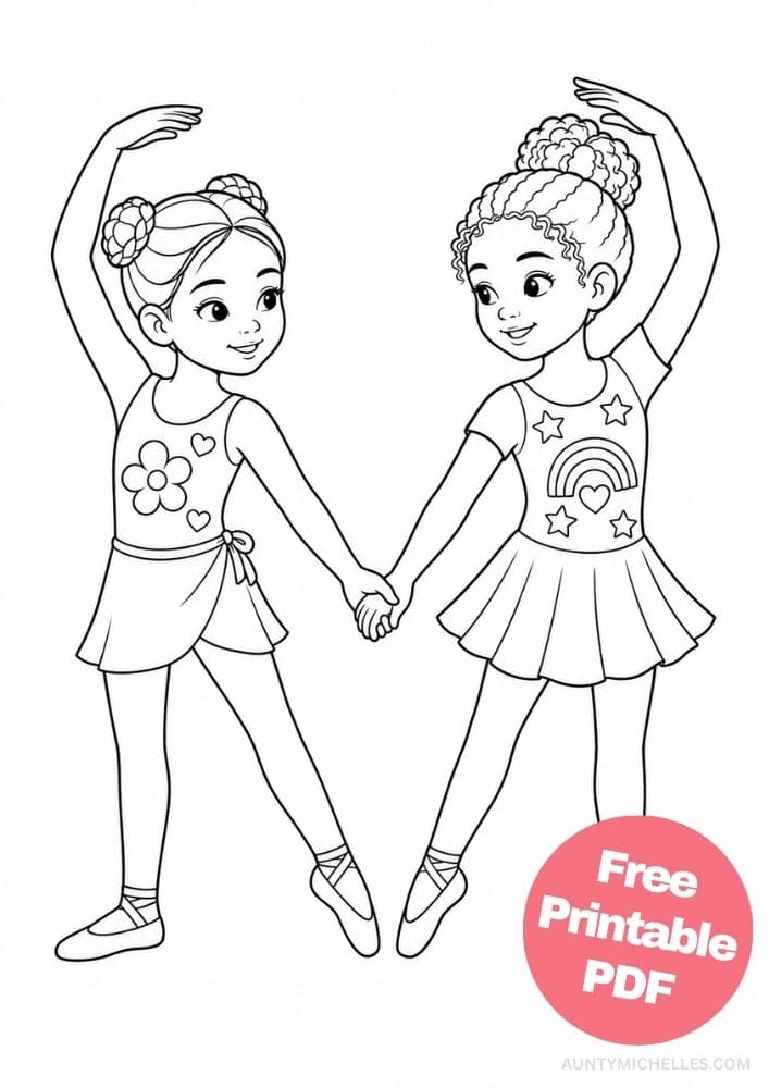 Two diverse ballerina friends holding hands in a synchronized ballet pose