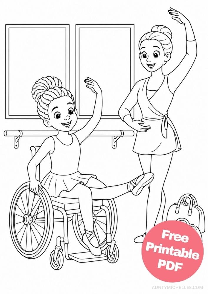 Young adaptive ballerina dancing in a wheelchair beside her ballet instructor