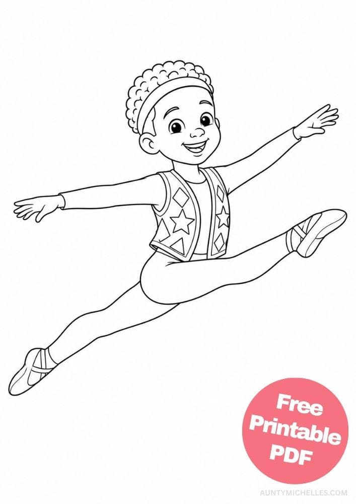 Curly haired boy ballet dancer performing a split leap in soft ballet shoes