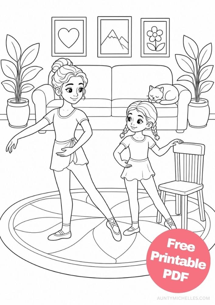Two ballerina sisters practicing tendu together in their living room