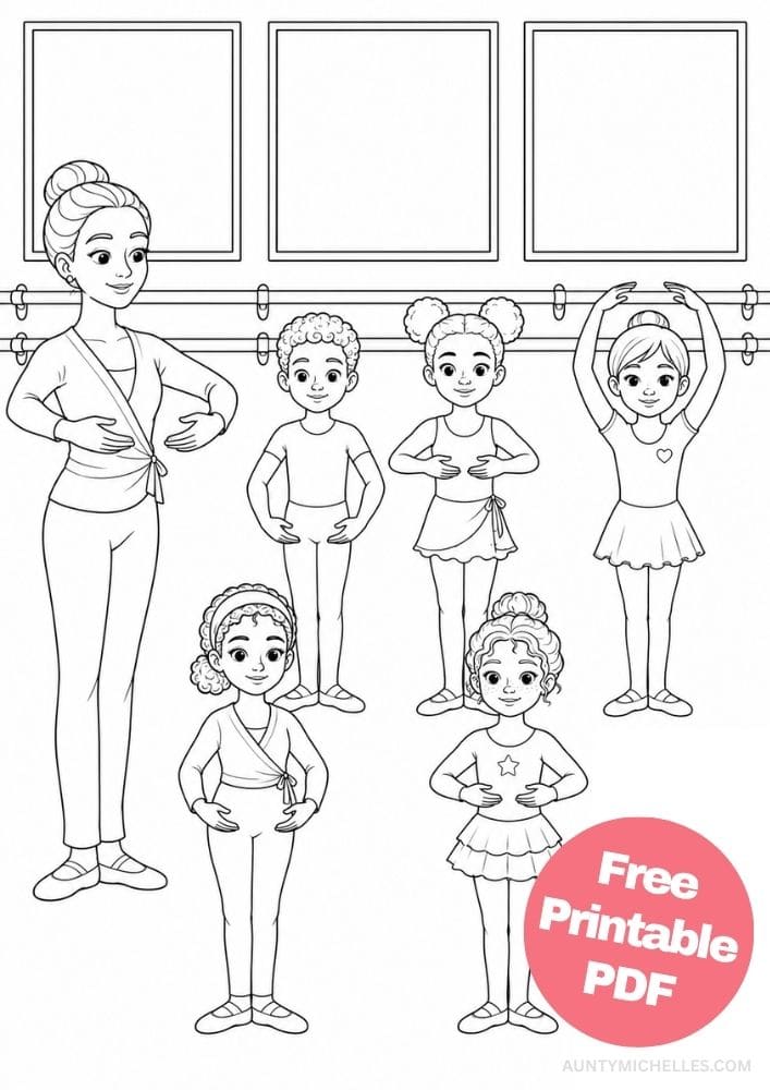 Diverse beginner ballet class with one boy and four girls practicing port de bras