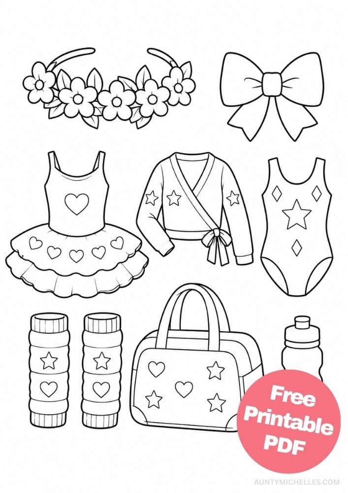 Ballet accessories including a tutu, leotard, sweater, bow, flower crown, bag, bottle, and leg warmers