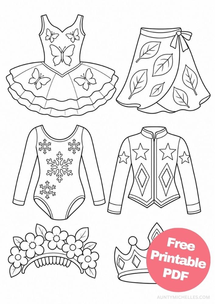 Ballet dress-up collection with a tutu, practice skirt, leotard, jacket, flower headpiece, and crown