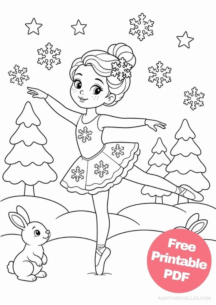 Winter ballerina performing an arabesque with snowy trees, snowflakes, and rabbits