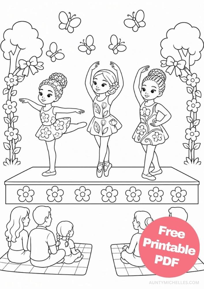 Three diverse ballerinas performing on an outdoor garden stage with families watching