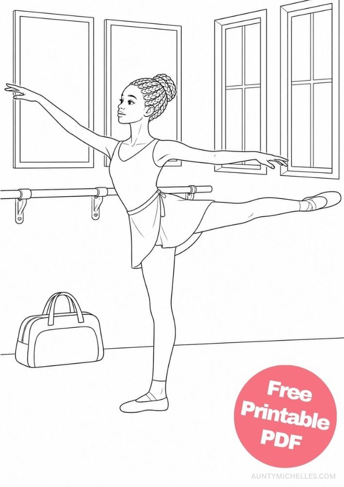 Realistic Black teenage ballerina performing an arabesque in a dance studio