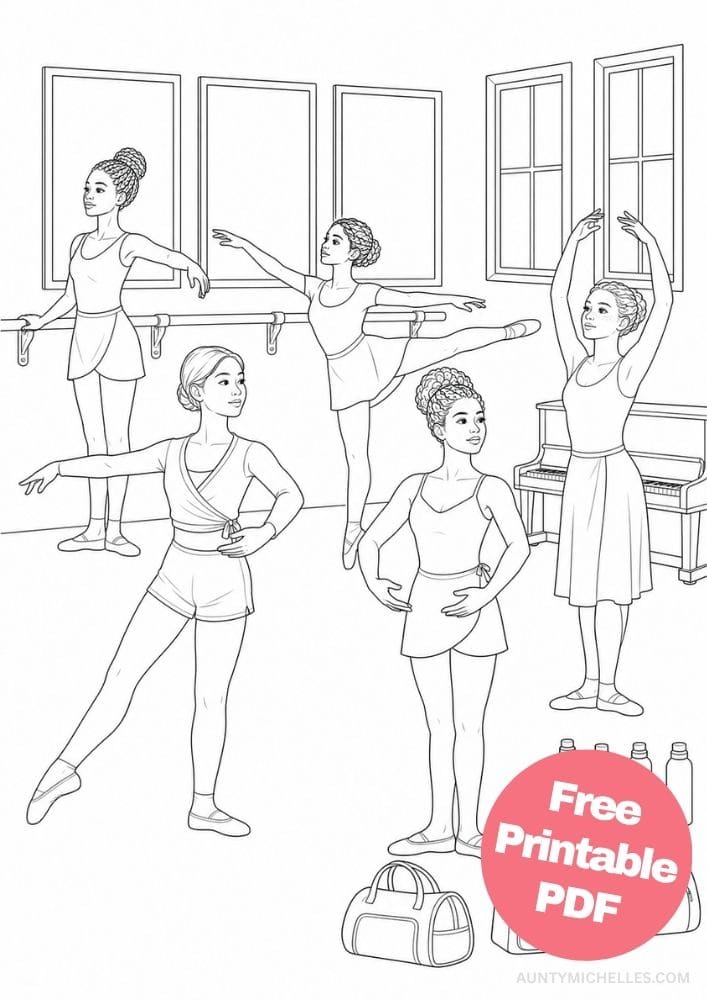 Five diverse realistic female ballet dancers rehearsing different positions in a studio