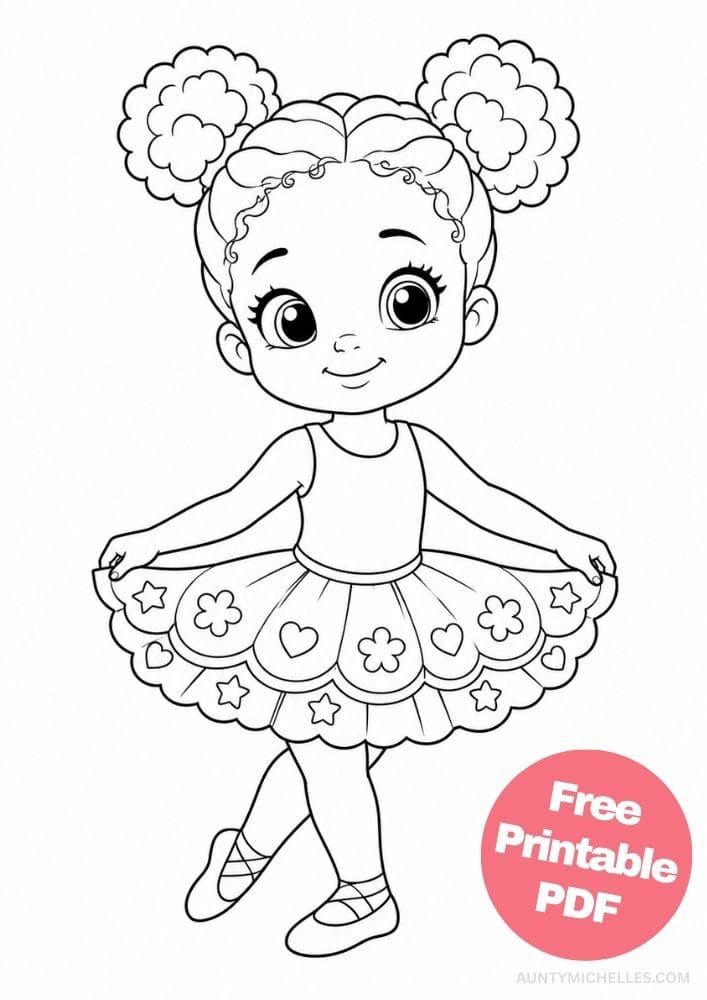 Extra-cute little Black ballerina curtsying while holding her flower-covered tutu