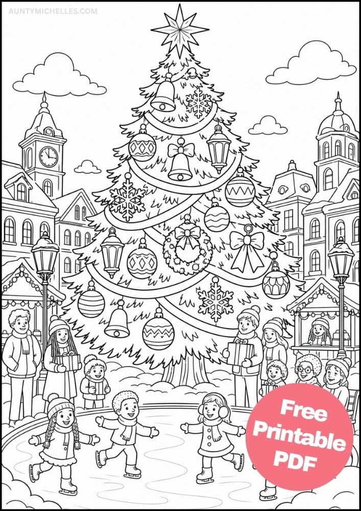 Grand Christmas tree coloring page with diverse families and children ice skating in a snowy town square.