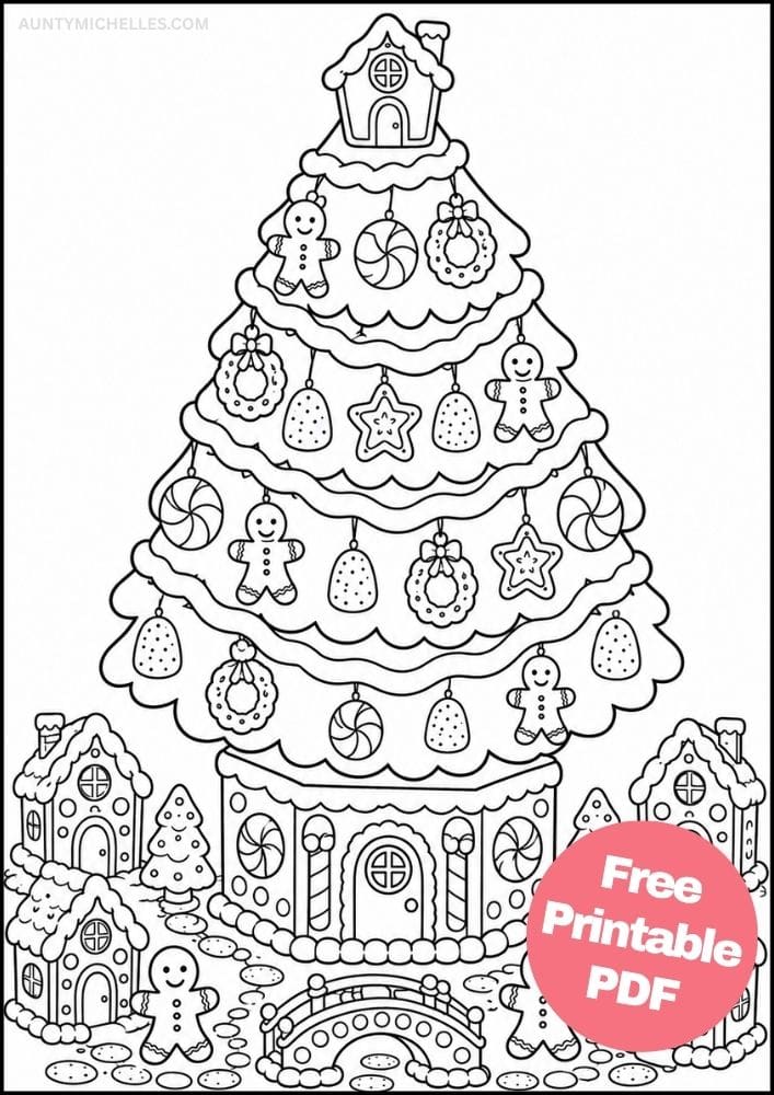 Gingerbread Christmas tree coloring page surrounded by candy houses, cookie characters, and a small bridge.