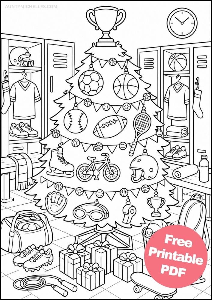 Sports Christmas tree coloring page in a locker room with balls, skates, lockers, and equipment.