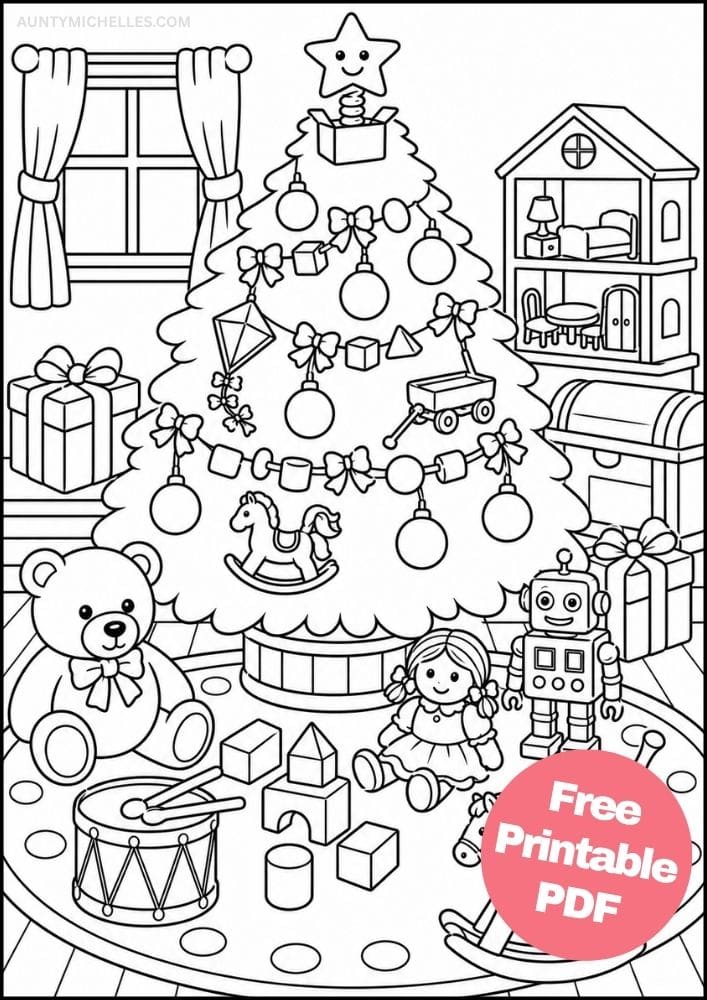 Toy Christmas tree coloring page with a teddy bear, dollhouse, robot, drum, blocks, and rocking horse.