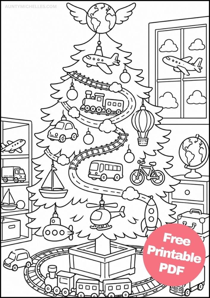 Transportation Christmas tree coloring page with airplane, train, car, rocket, bicycle, boat, and helicopter ornaments.