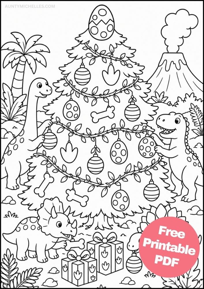 Dinosaur Christmas tree coloring page with friendly dinosaurs, spotted eggs, bones, vines, and wrapped presents.