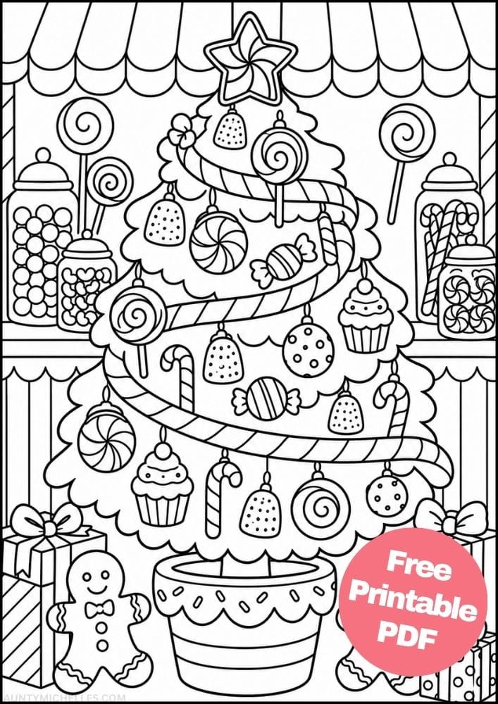 Candy Christmas tree coloring page with lollipops, peppermints, cupcakes, gumdrops, and gingerbread people.