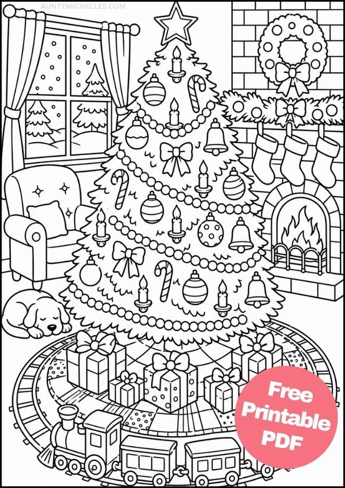 Traditional Christmas tree coloring page beside a fireplace with stockings, presents, a sleeping dog, and toy train.