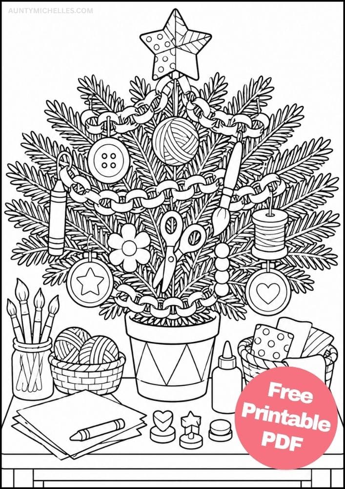 Arts and crafts Christmas tree coloring page with yarn, buttons, paintbrushes, crayons, scissors, and paper chains.