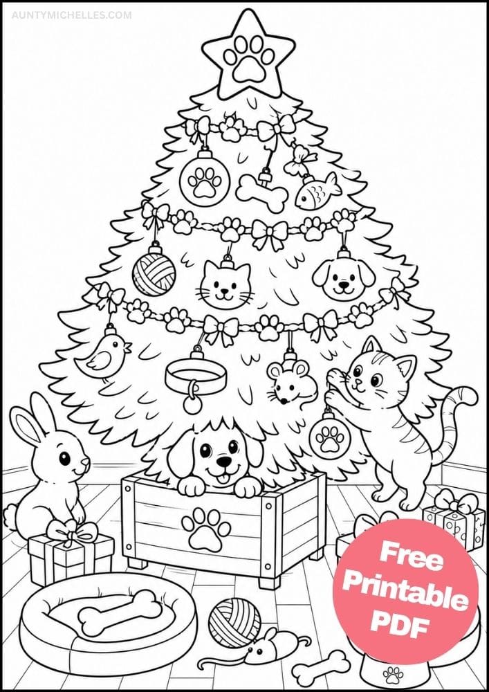 Pet Christmas tree coloring page with a puppy, cat, rabbit, paw prints, bones, yarn, and animal ornaments.