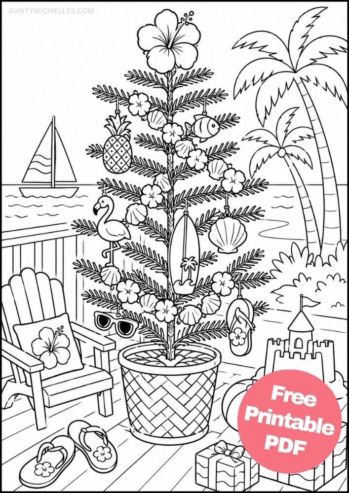 Tropical Christmas tree coloring page on a beach porch with flamingo, surfboard, shells, flowers, and sandcastle.