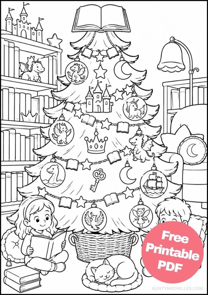 Storybook Christmas tree coloring page with dragons, castles, books, fantasy ornaments, and children reading.