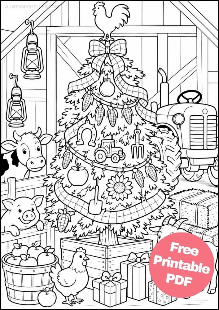 Farm Christmas tree coloring page in a barn with tractor ornaments, animals, corn, apples, and presents.