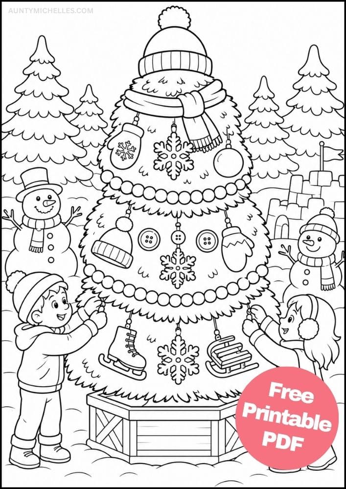 Snowman-shaped Christmas tree coloring page with winter hat, scarf, mittens, snowflakes, skates, and sleds.