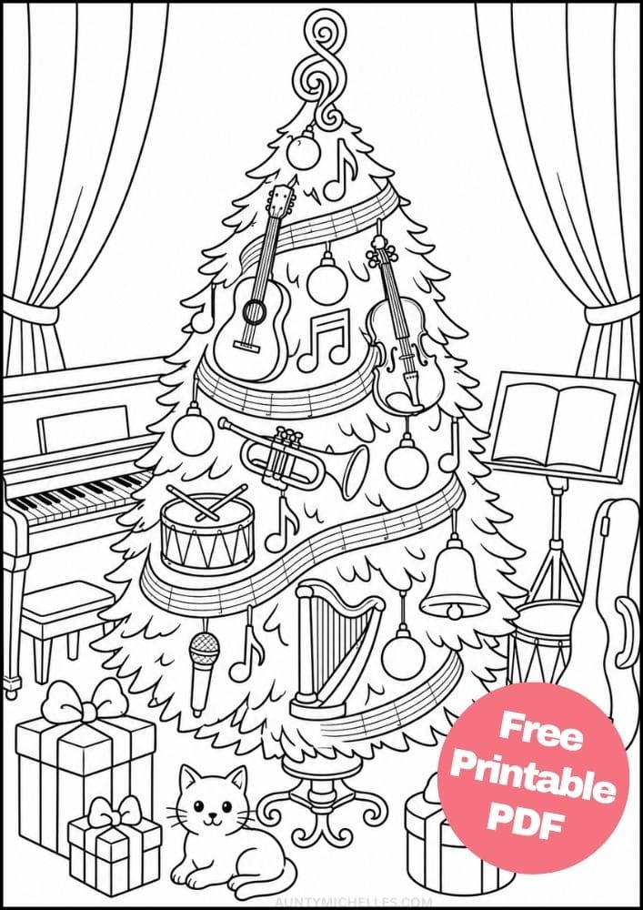 Music Christmas tree coloring page with guitars, violin, trumpet, drums, harp, microphone, and piano.