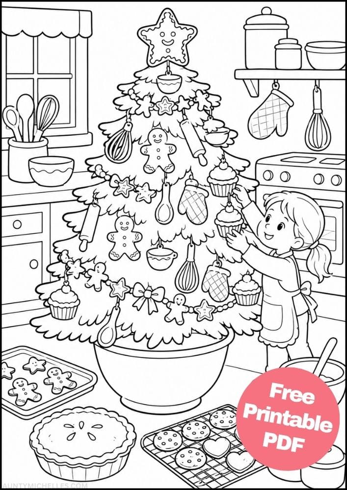 Christmas baking tree coloring page with gingerbread cookies, cupcakes, whisks, rolling pins, and a child decorating.