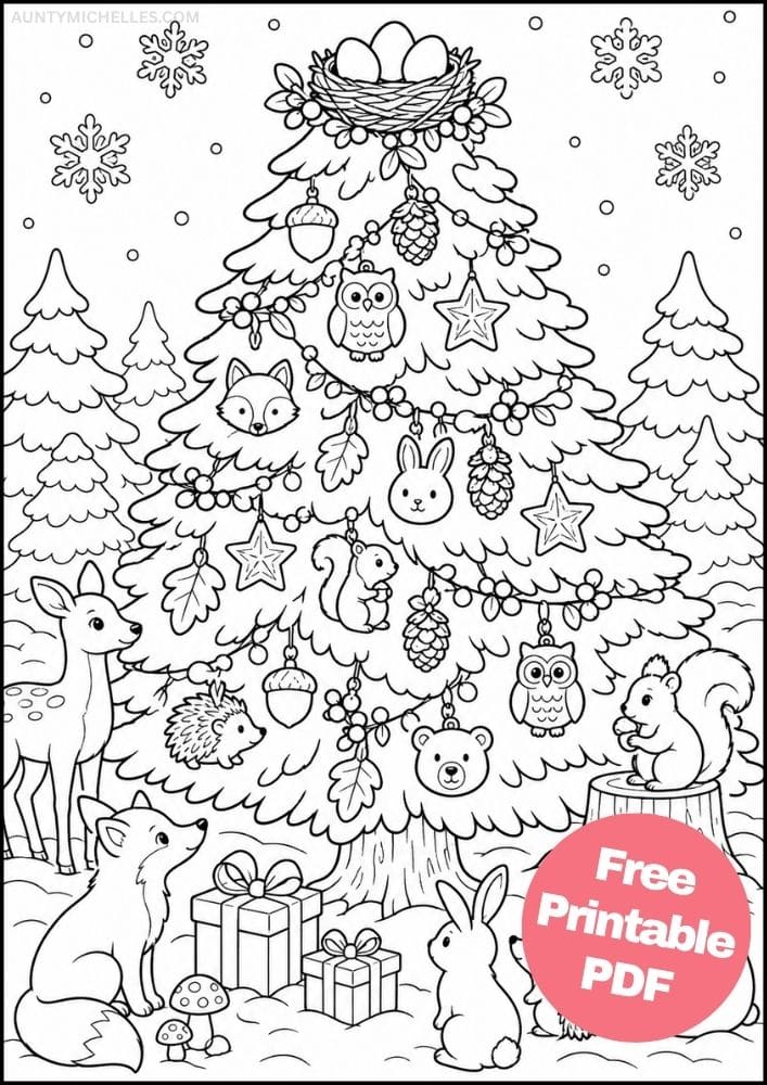 Woodland Christmas tree coloring page with forest animals, pinecones, acorns, leaves, snowflakes, and gifts.