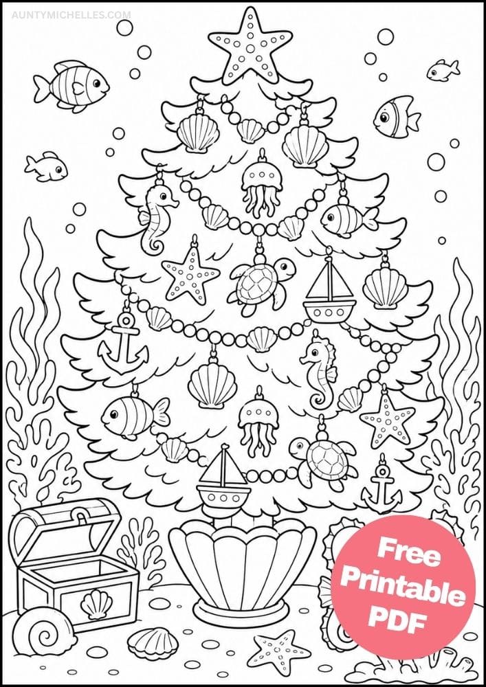 Underwater Christmas tree coloring page with seahorses, turtles, fish, shells, starfish, coral, and treasure chest.