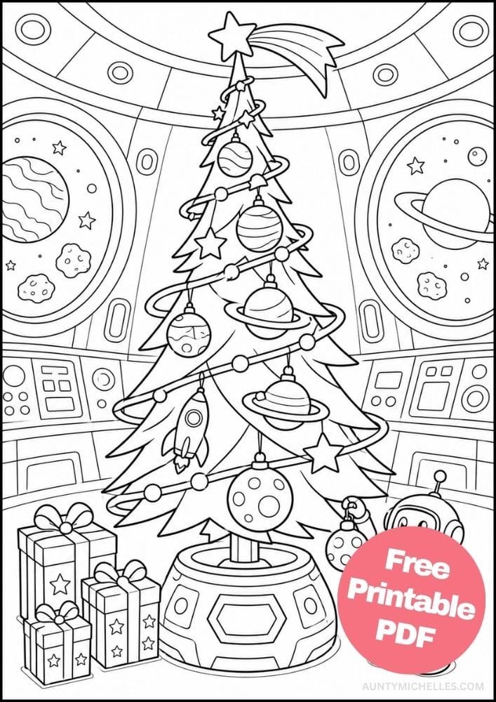 Outer space Christmas tree coloring page with planets, rockets, stars, robot, space-station windows, and gifts.
