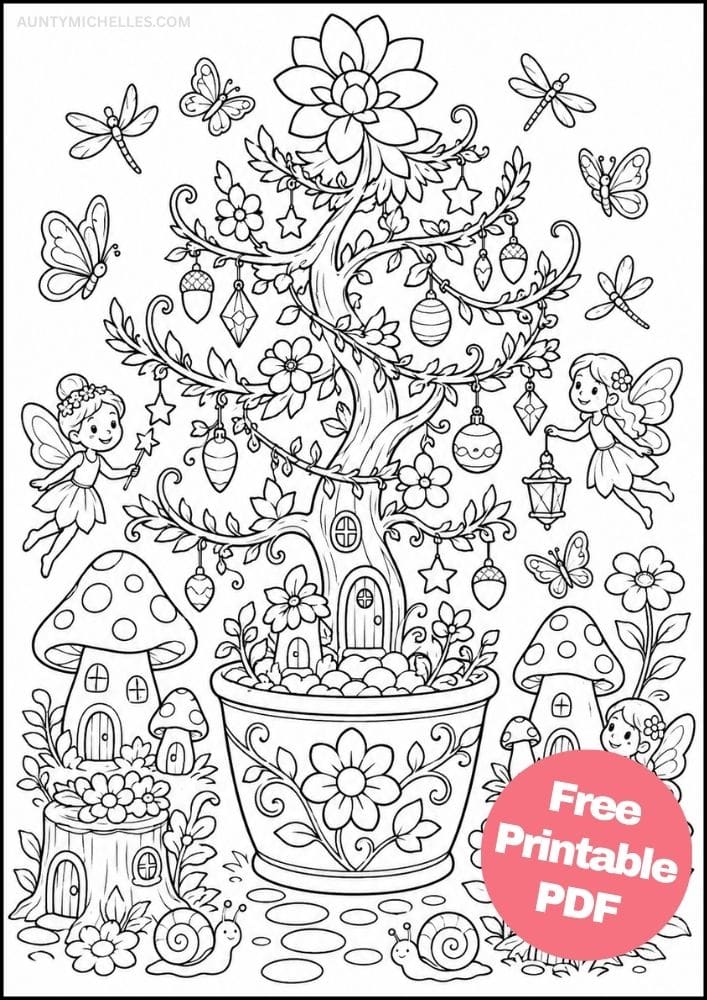 Fairy garden Christmas tree coloring page with fairies, butterflies, flowers, mushrooms, snails, and tiny houses.