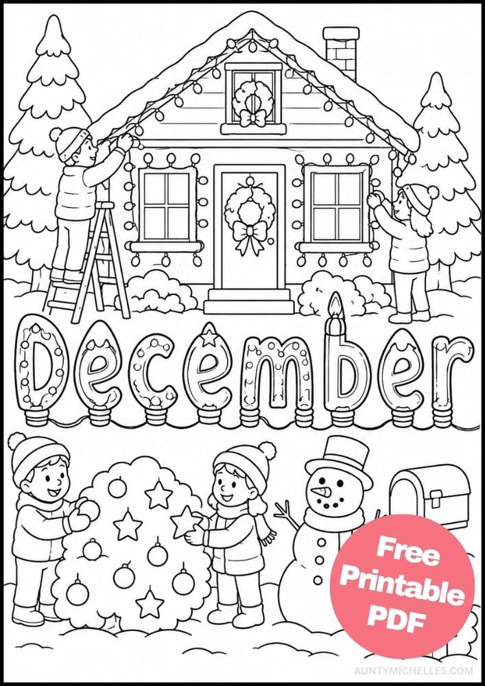 December coloring page showing a family decorating their snowy house with Christmas lights, wreaths, and ornaments.
