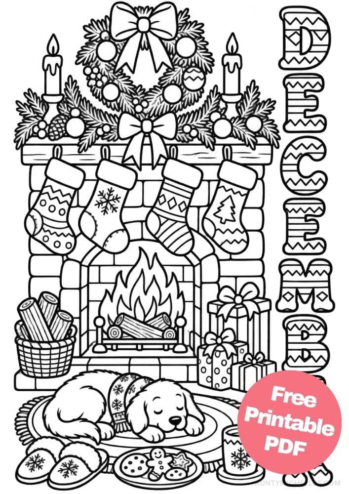 Cozy December fireplace coloring page with Christmas stockings, presents, a sleeping dog, cookies, and hot cocoa.