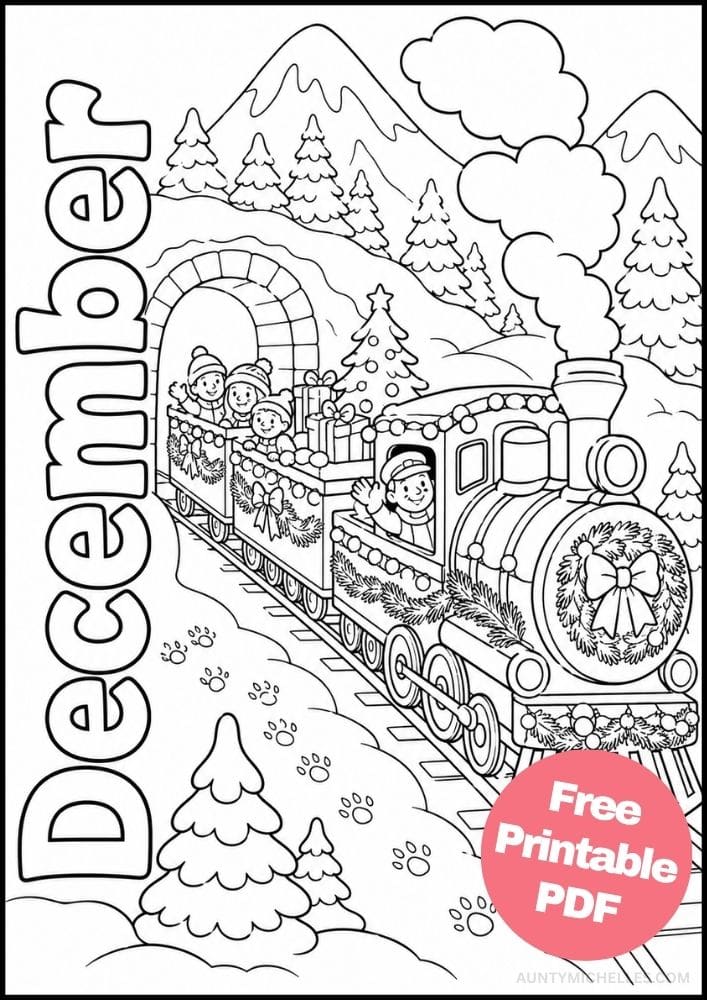 December winter train coloring page with families, Christmas presents, snowy mountains, pine trees, and animal tracks.