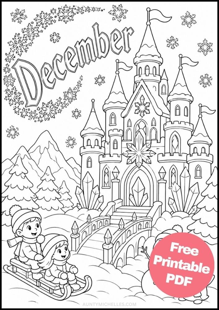 Magical December castle coloring page with children sledding, crystal towers, snow-covered mountains, and friendly snow characters.