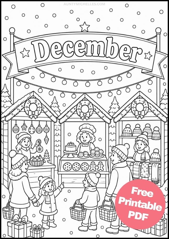 December holiday market coloring page with families shopping for ornaments, baked treats, winter hats, and scarves.