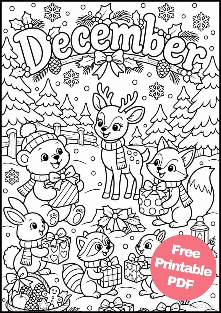 December woodland animals coloring page with a bear, deer, fox, rabbit, raccoon, and squirrel exchanging Christmas gifts.